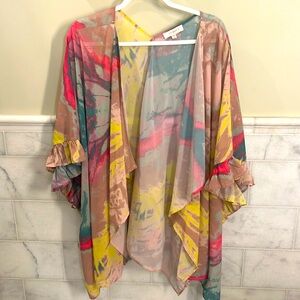 Umgee Abstract Open Kimono topper with ruffle detail